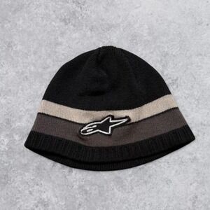 Alpinestars Moto Beanie Hat Black Grey Striped Skater Grunge Y2K Biker Knit
